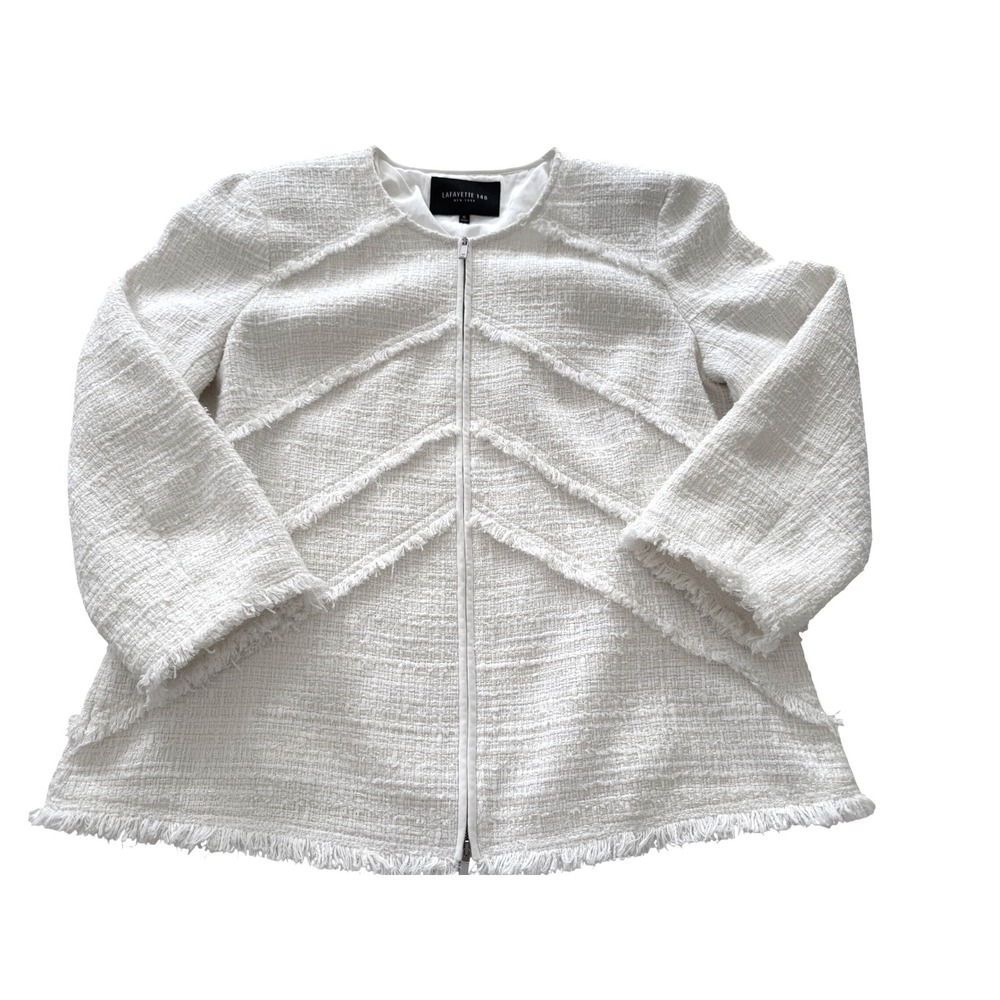 Lafayette 148 New York Harlow Tweed Jacket White Fringe Zip Size 12 - Picture 6 of 12